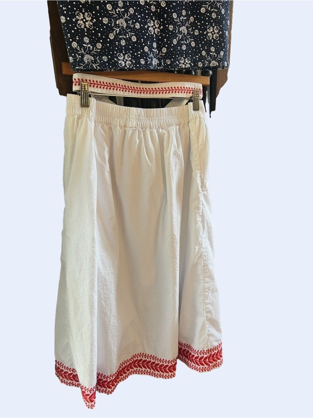 J Crew White Cotton Maxi Skirt Size L Scarlet Red Embroidery Sash Belt Lined - Picture 5 of 16